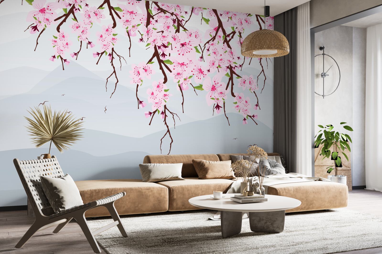 Fototapet sakura înflorind în fața unui peisaj de munți și apă