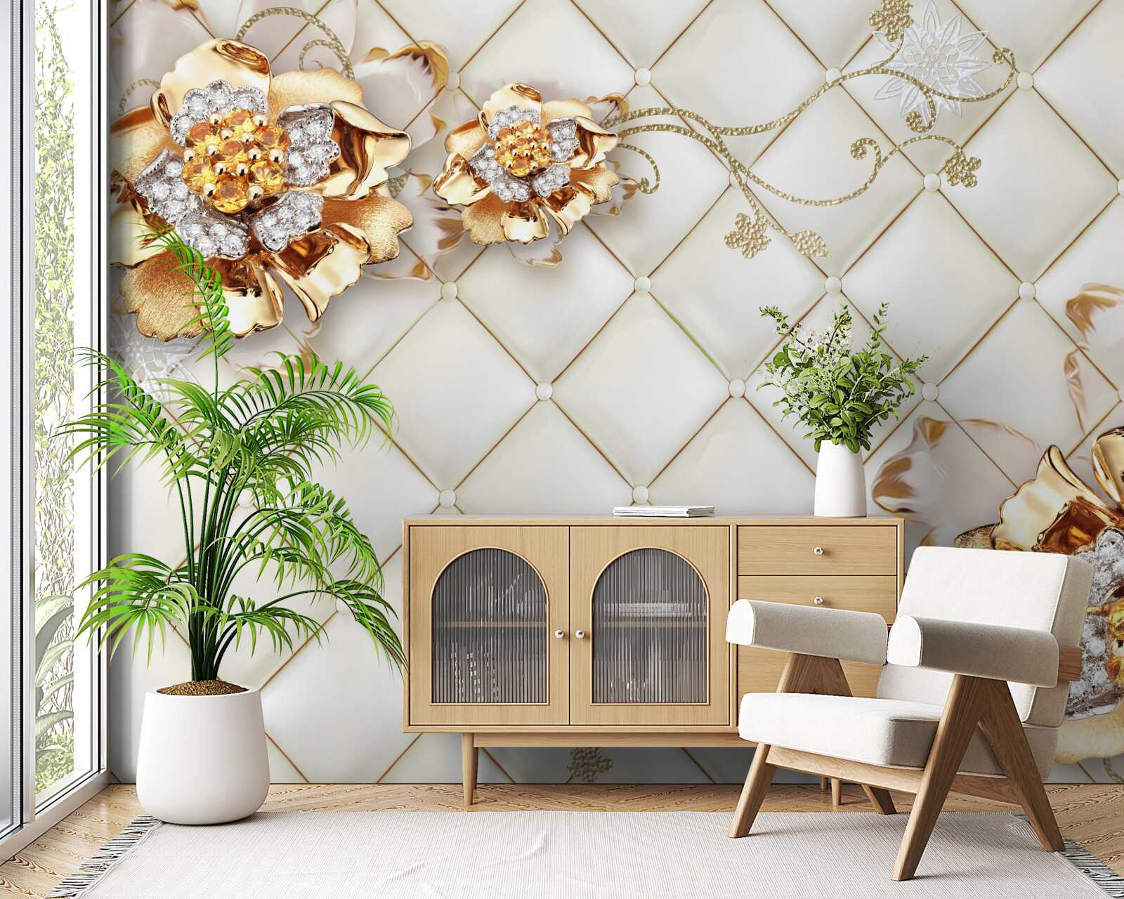 Fototapet boboci de flori cu perle, care amintesc de aur