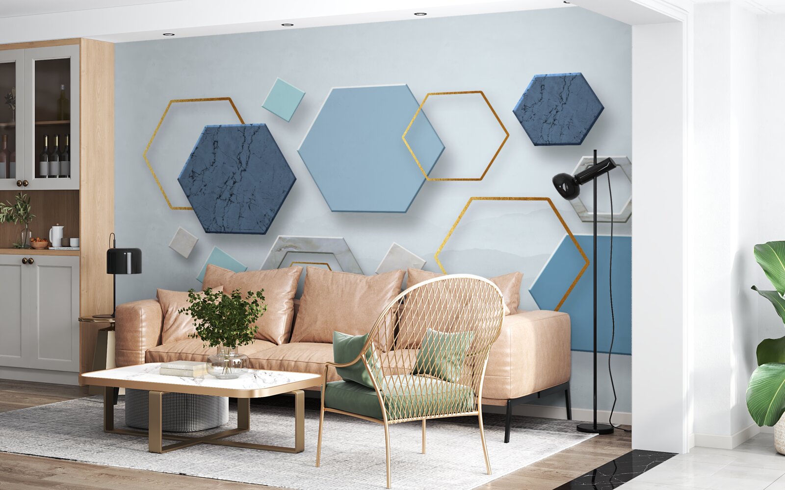 Fototapet forme pentagonale, pictate în tonuri de albastru