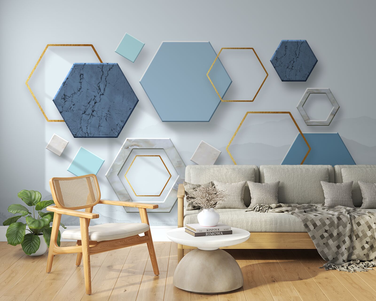 Fototapet forme pentagonale, pictate în tonuri de albastru