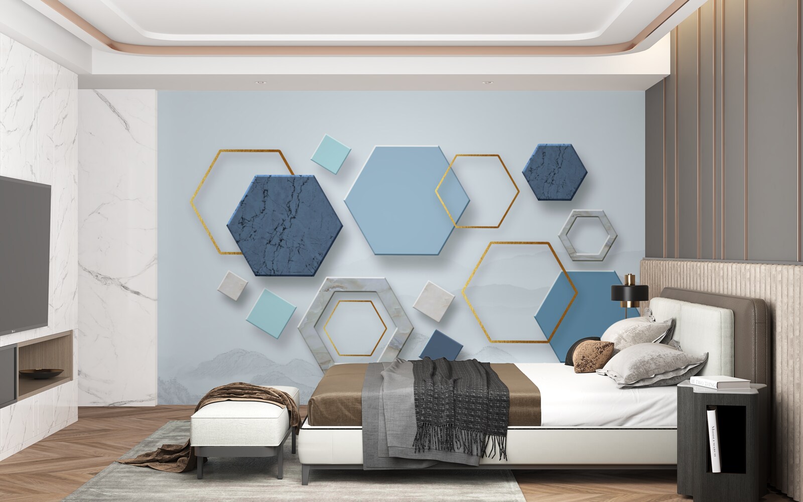 Fototapet forme pentagonale, pictate în tonuri de albastru