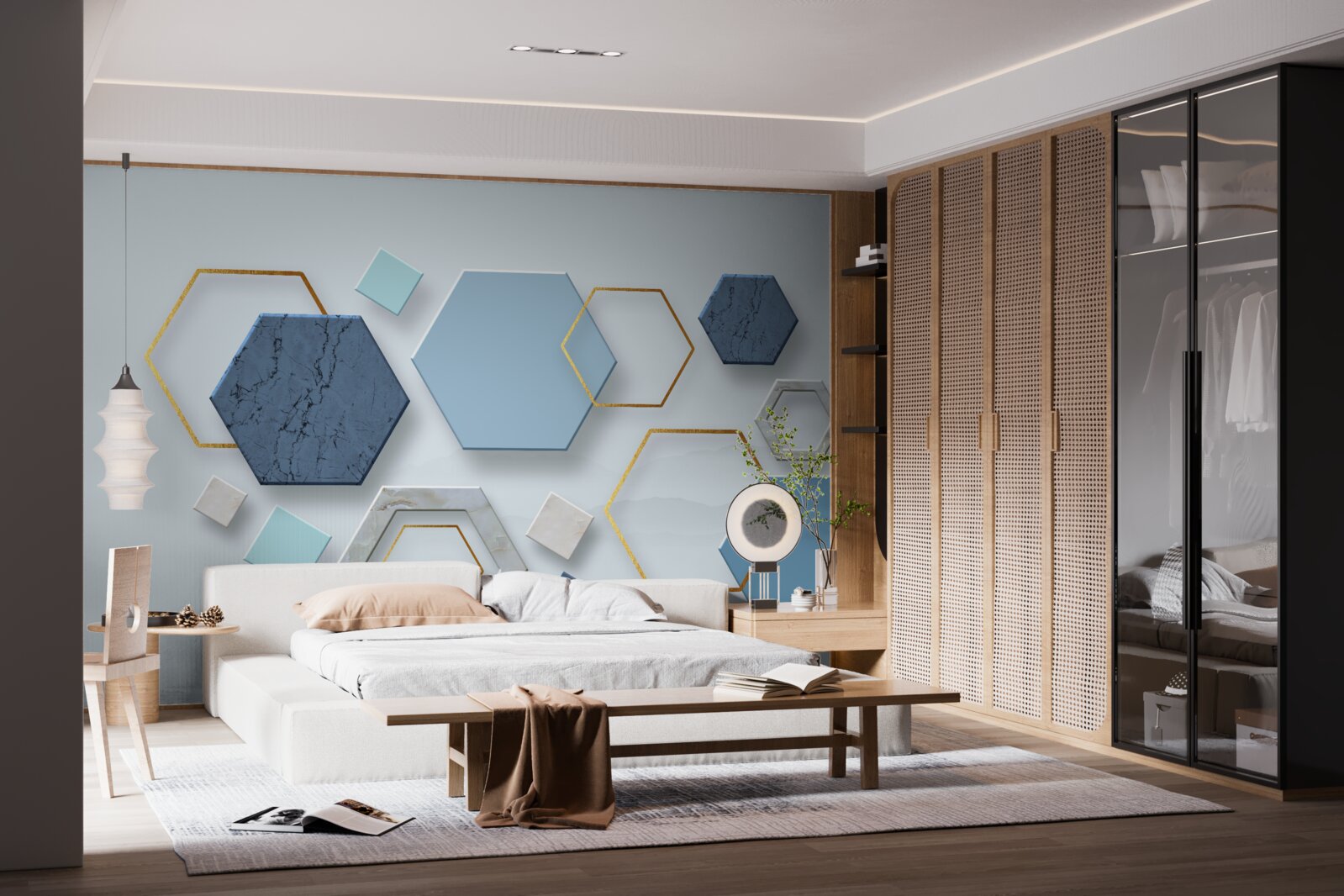 Fototapet forme pentagonale, pictate în tonuri de albastru