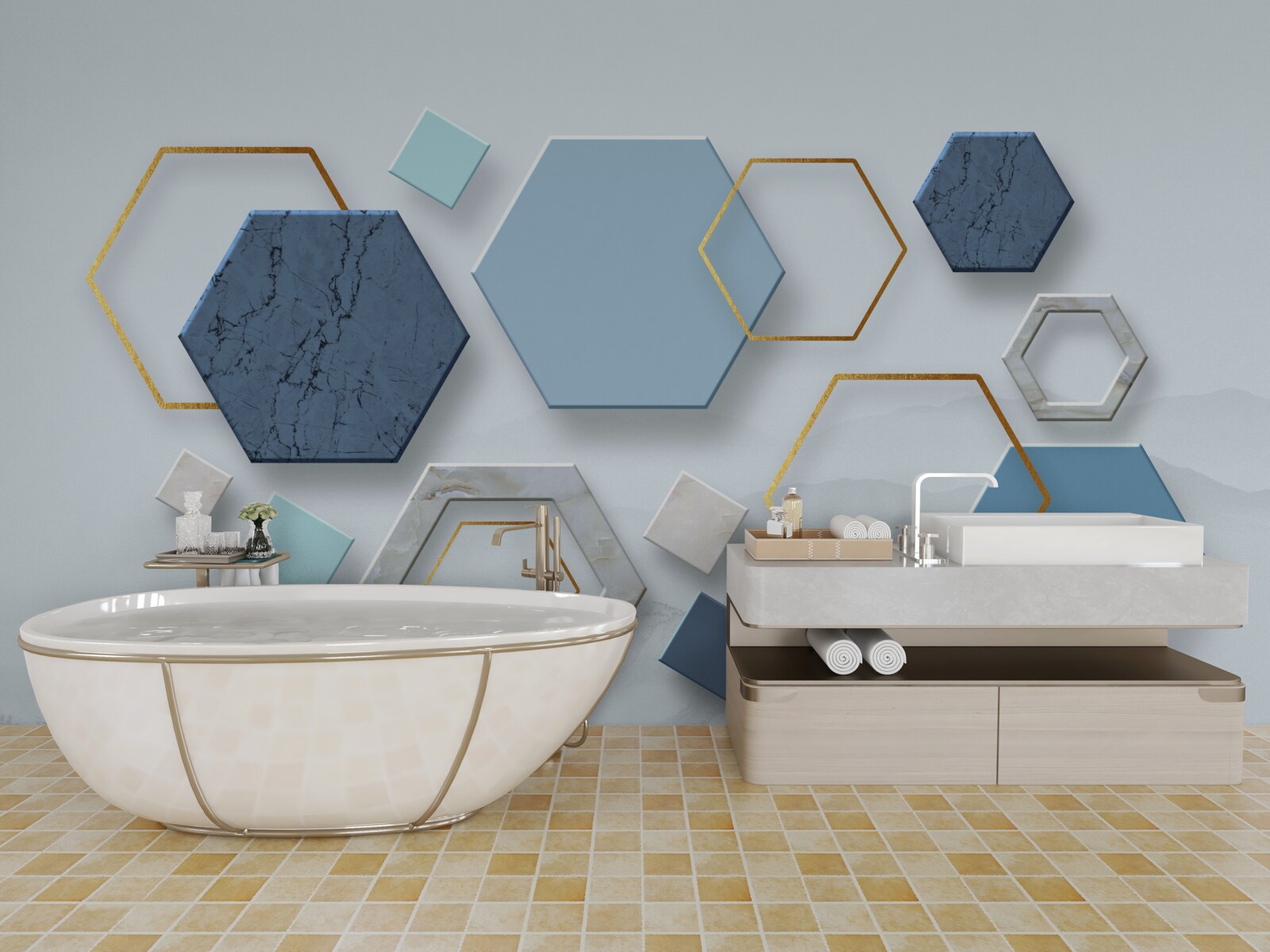 Fototapet forme pentagonale, pictate în tonuri de albastru