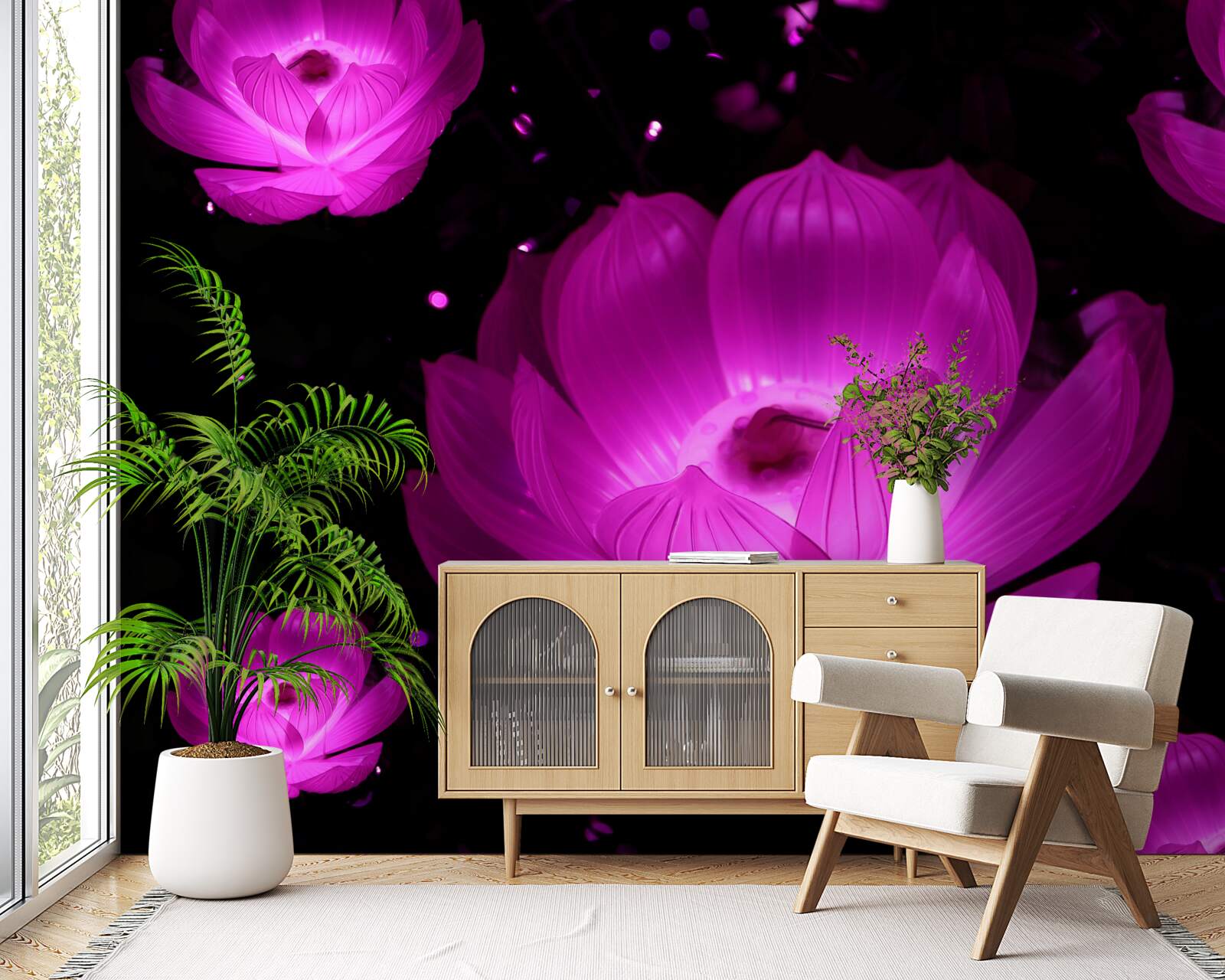 Fototapet flori mov în lumină neon