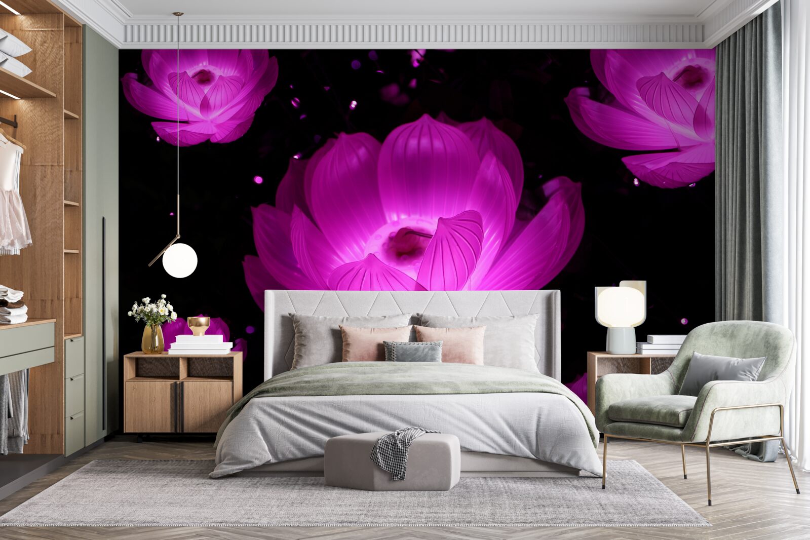 Fototapet flori mov în lumină neon
