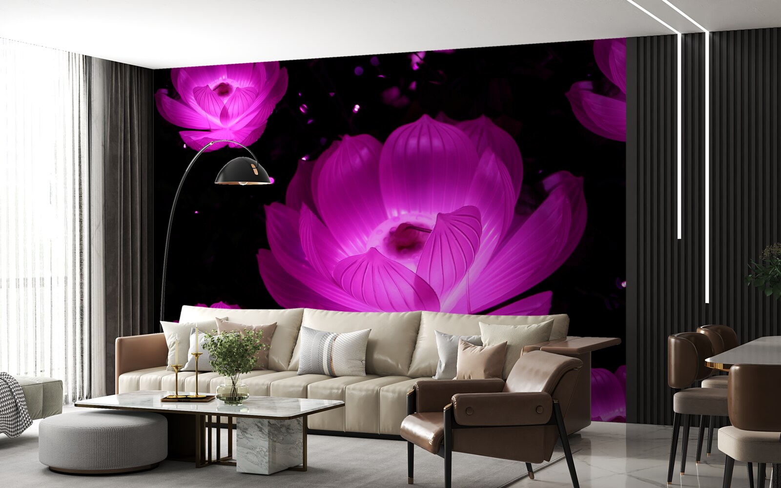 Fototapet flori mov în lumină neon