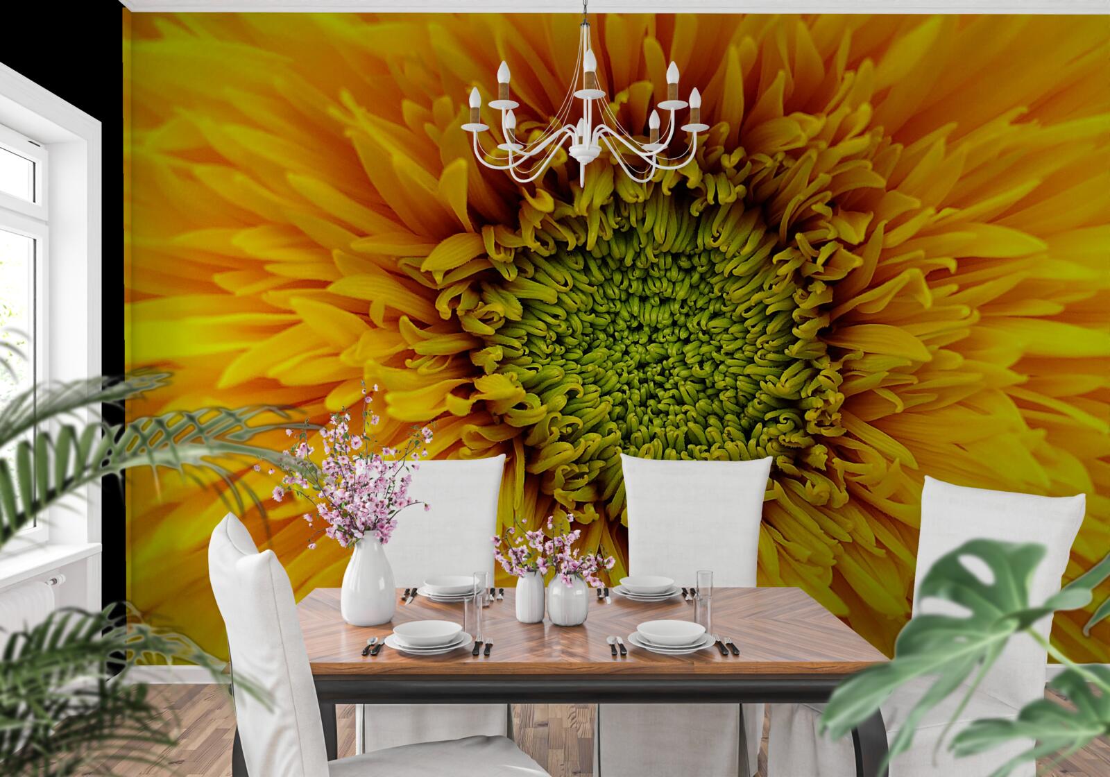 Fototapet floare cu centrul verde, vopsită în galben strălucitor