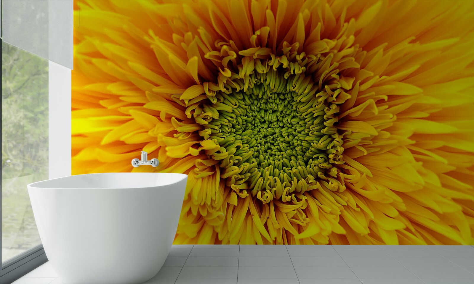 Fototapet floare cu centrul verde, vopsită în galben strălucitor