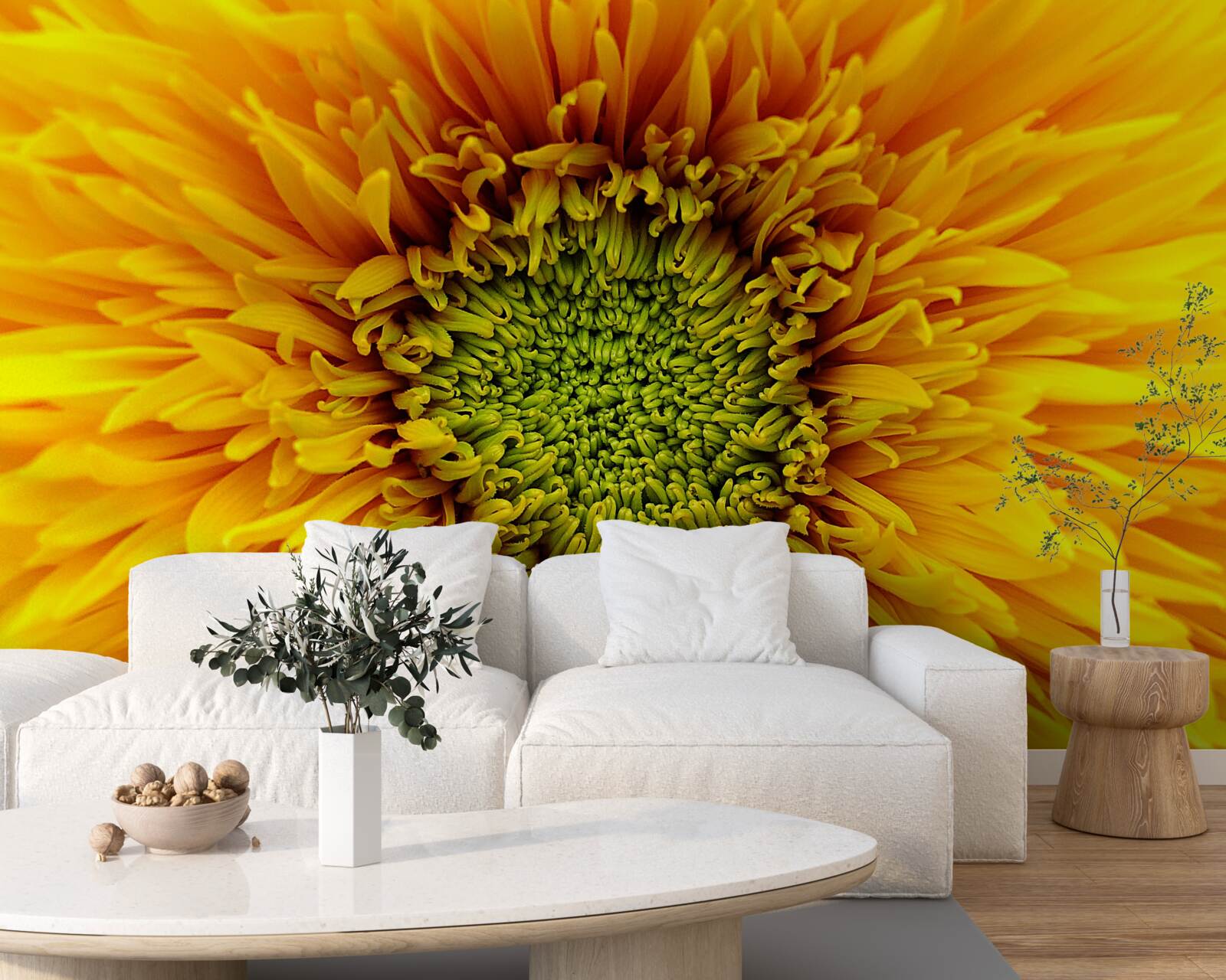 Fototapet floare cu centrul verde, vopsită în galben strălucitor