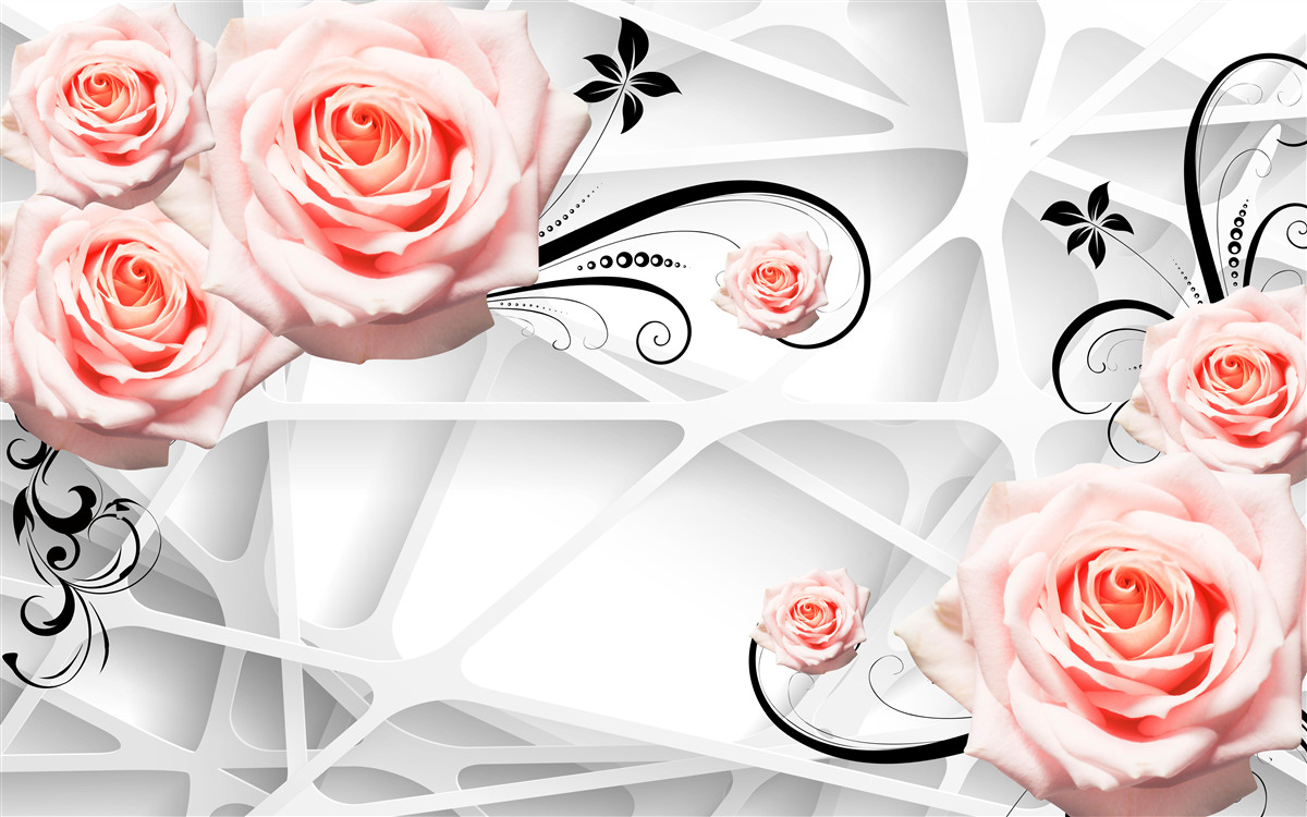 Fototapet fundal geometric decorat cu ramuri de trandafir piersic