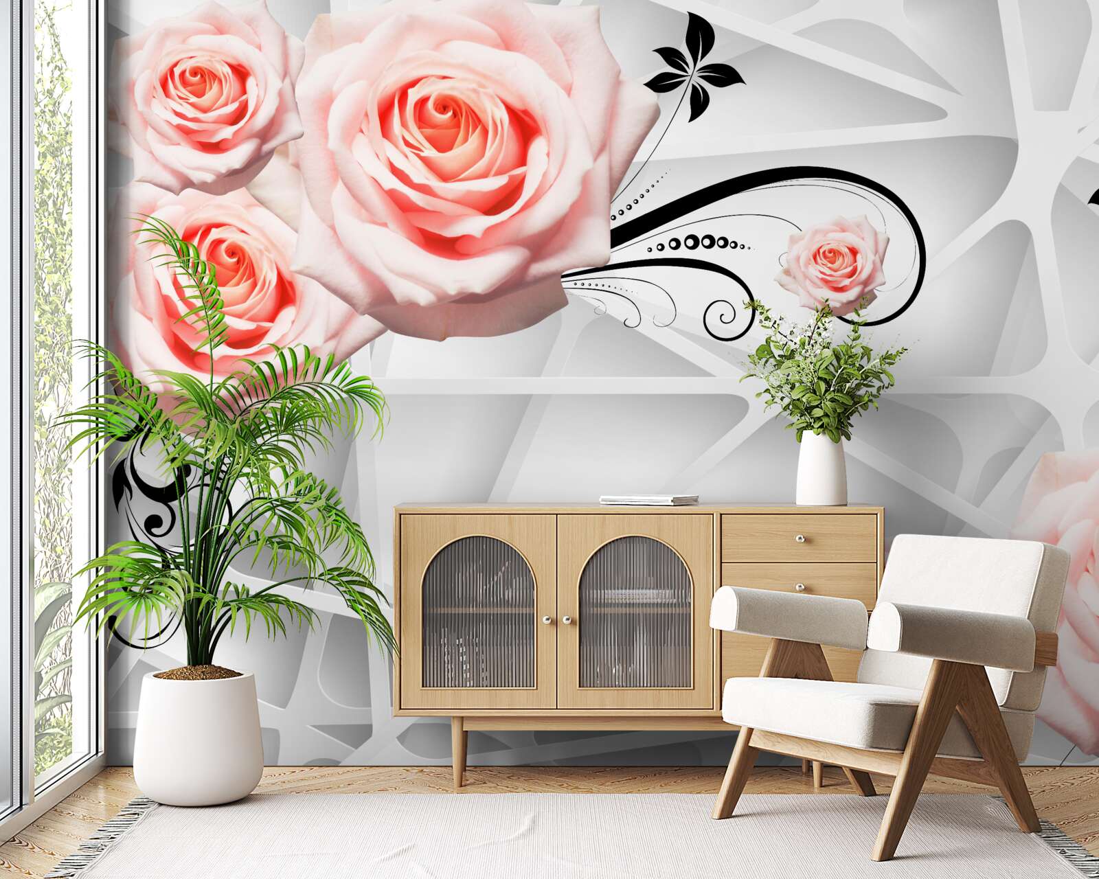 Fototapet fundal geometric decorat cu ramuri de trandafir piersic