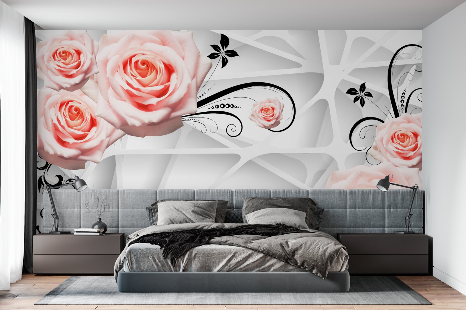 Fototapet fundal geometric decorat cu ramuri de trandafir piersic