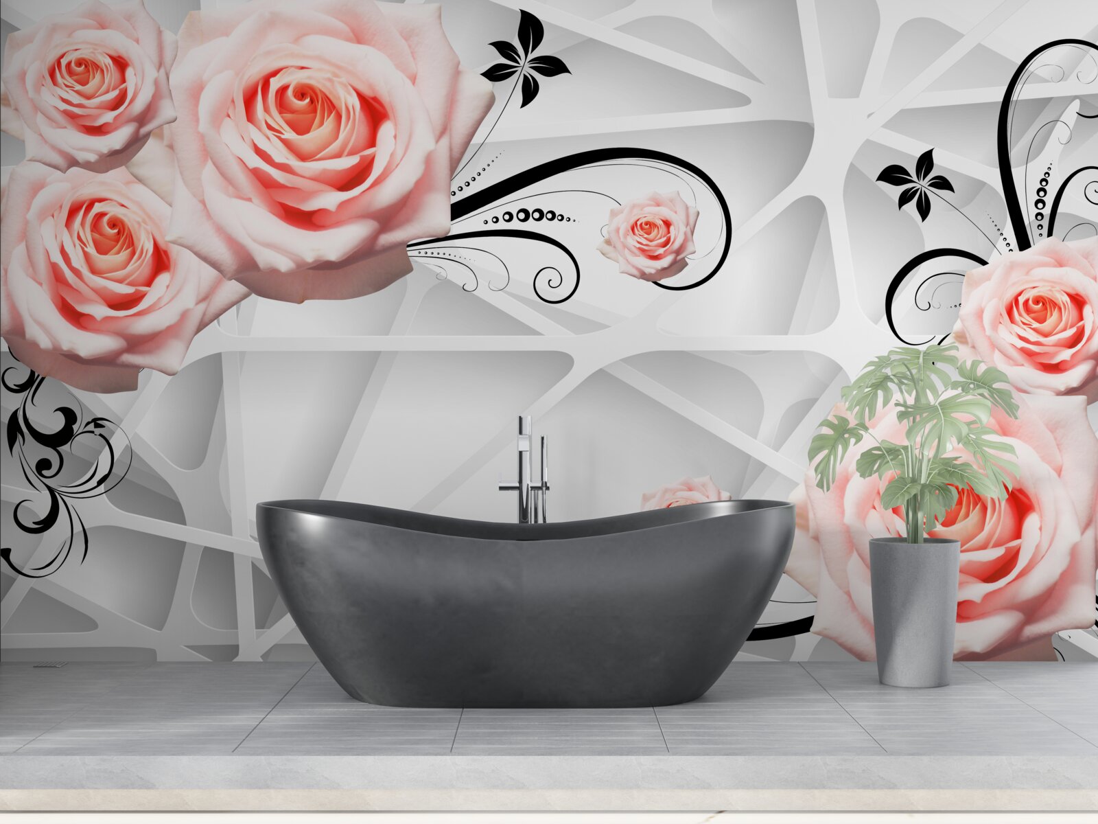 Fototapet fundal geometric decorat cu ramuri de trandafir piersic