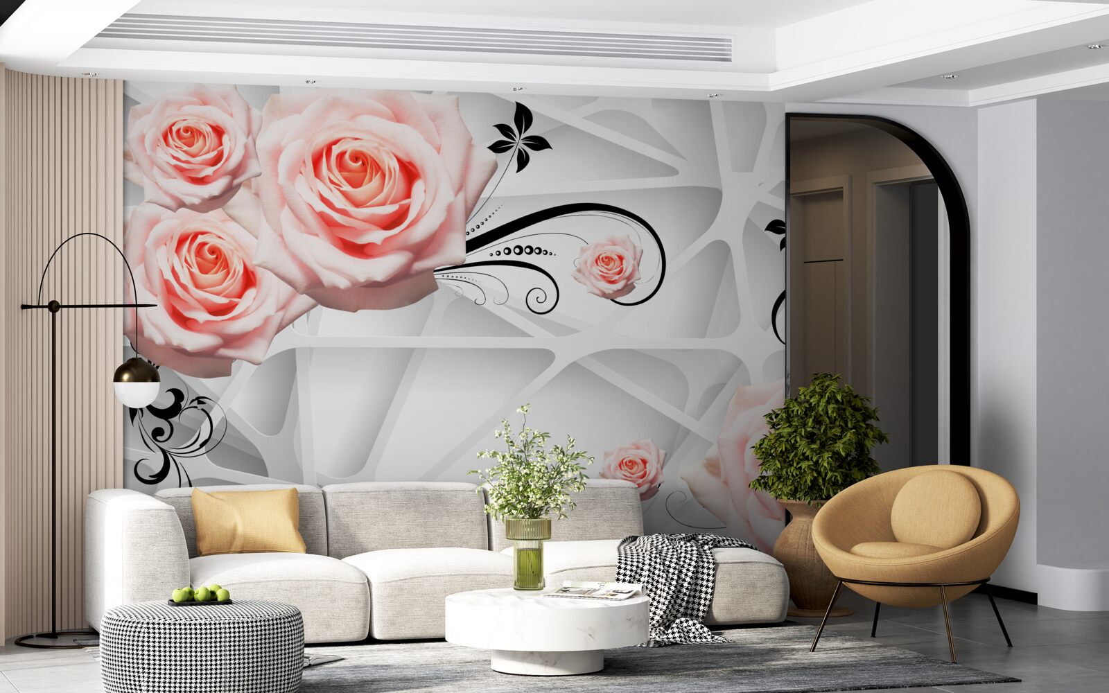 Fototapet fundal geometric decorat cu ramuri de trandafir piersic