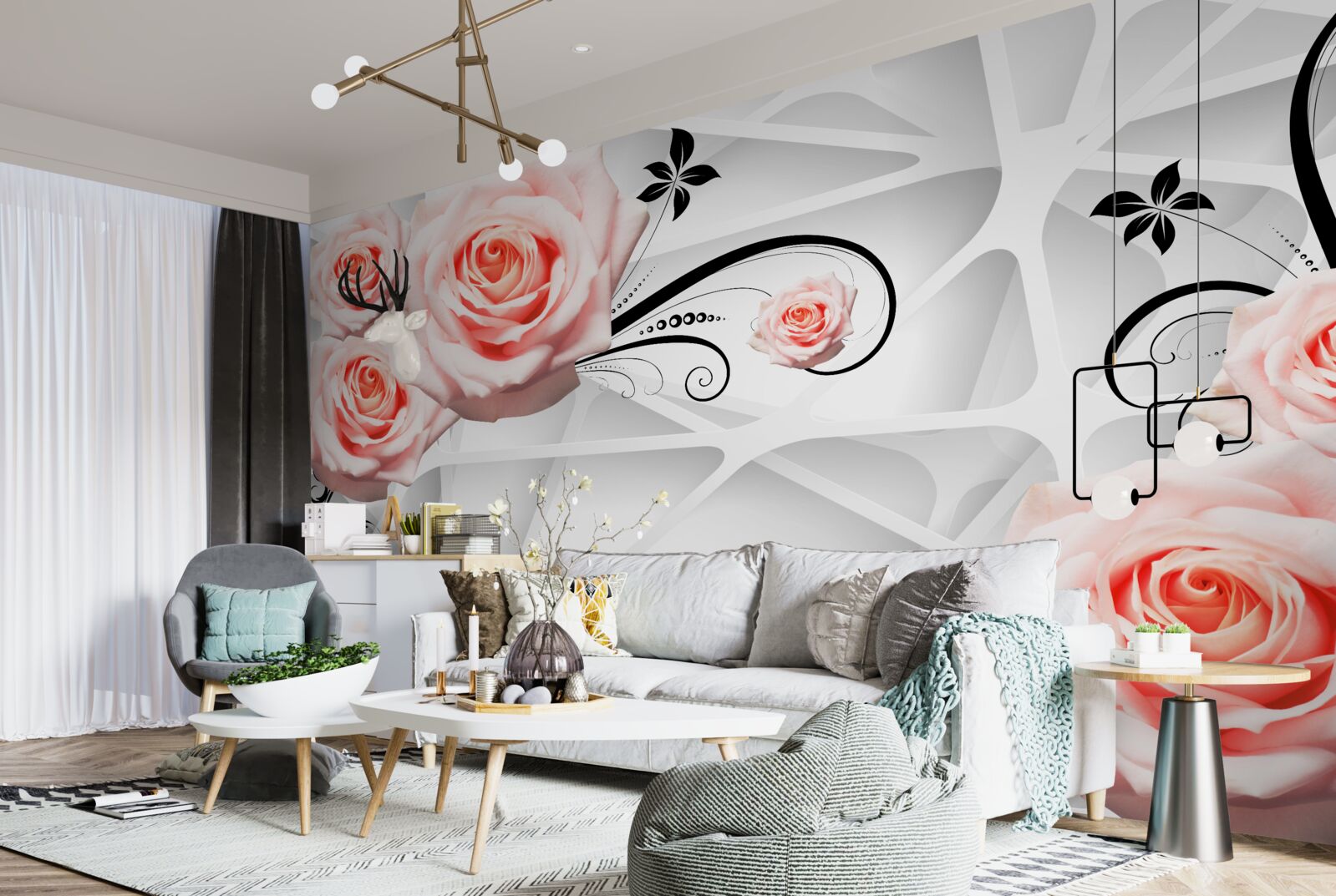 Fototapet fundal geometric decorat cu ramuri de trandafir piersic