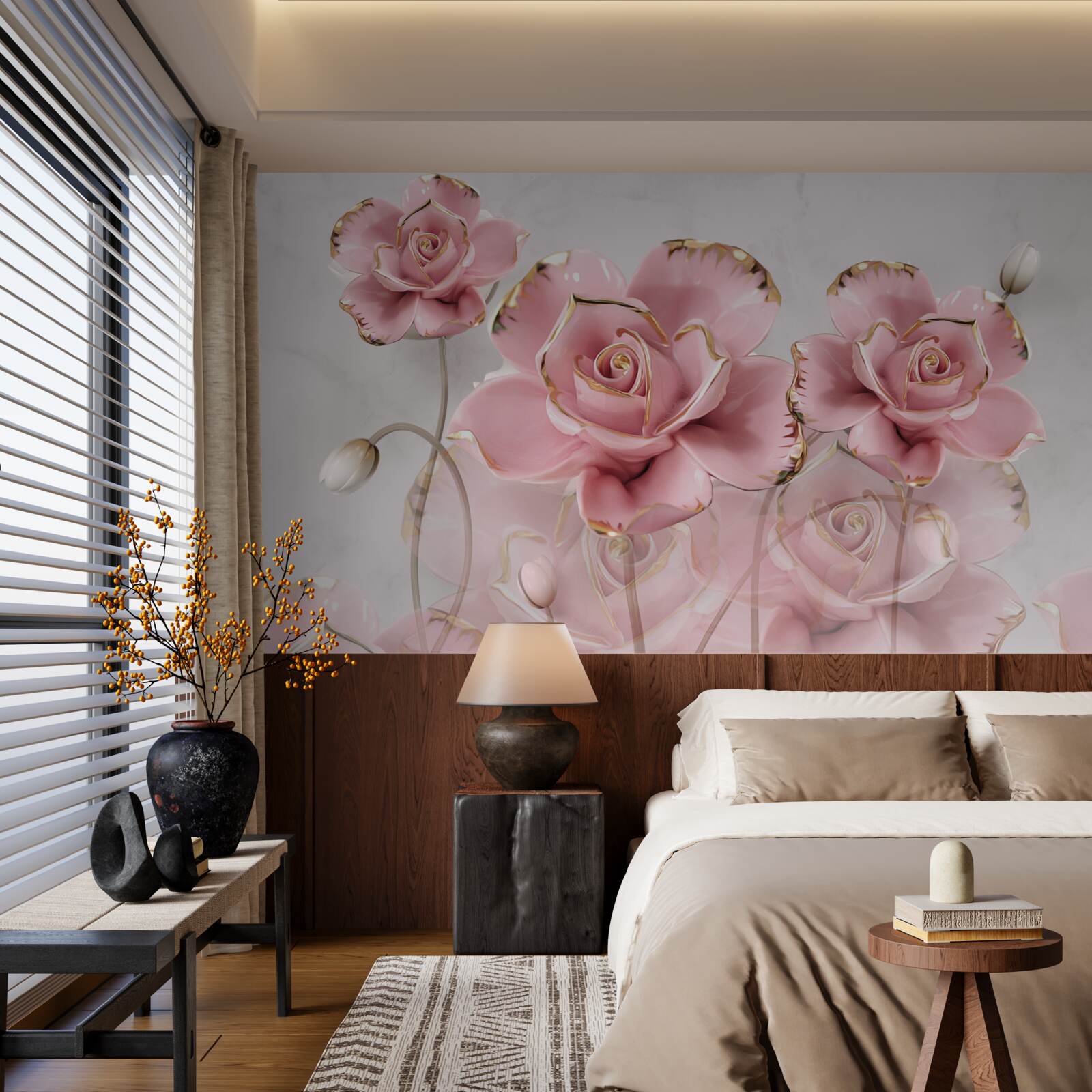 Fototapet fundal delicat decorat cu trandafiri roz