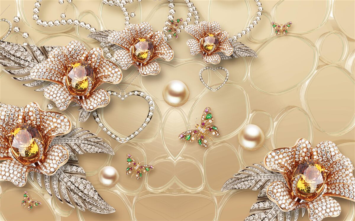 Fototapet flori de metal în alb cu perle