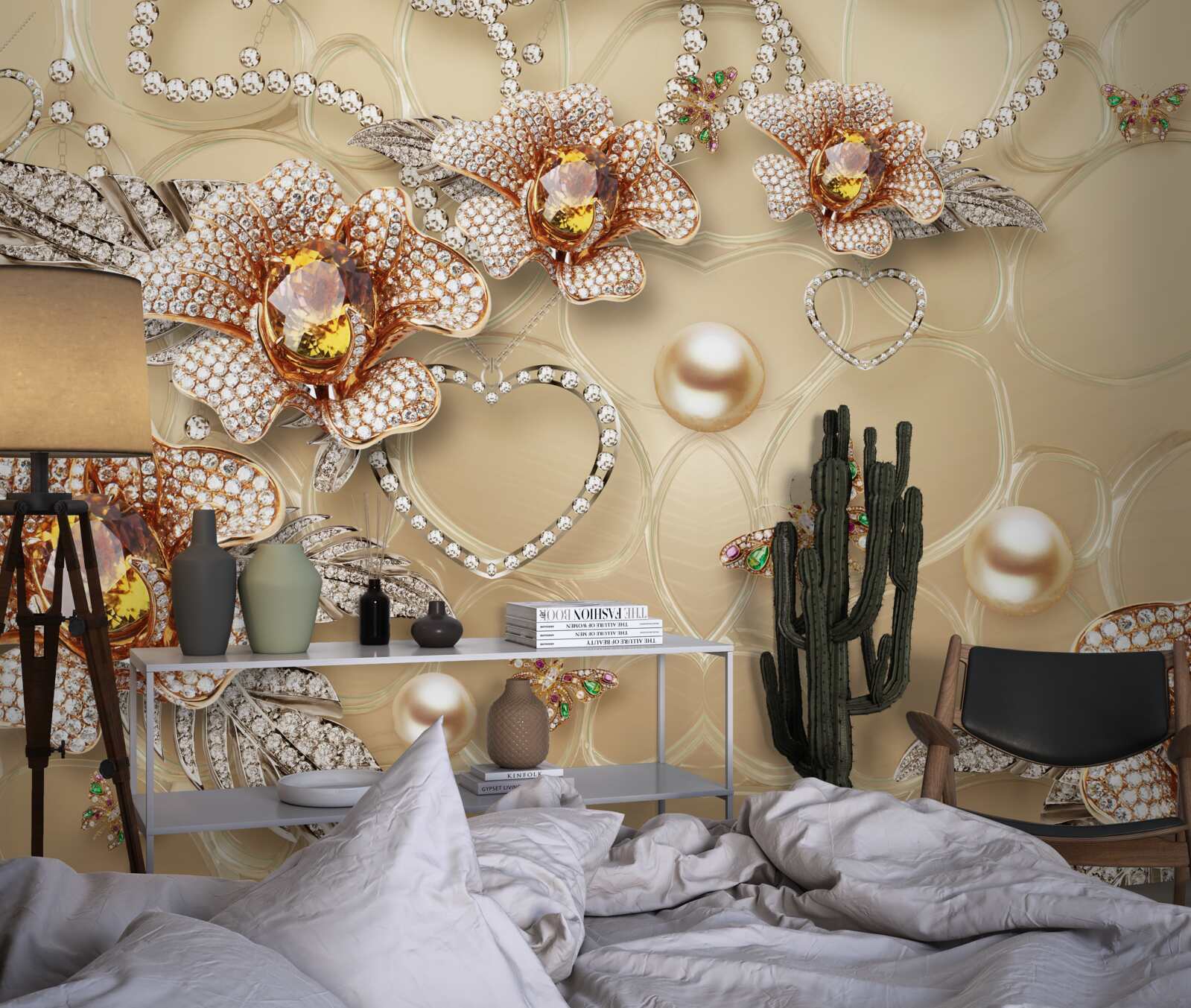 Fototapet flori de metal în alb cu perle