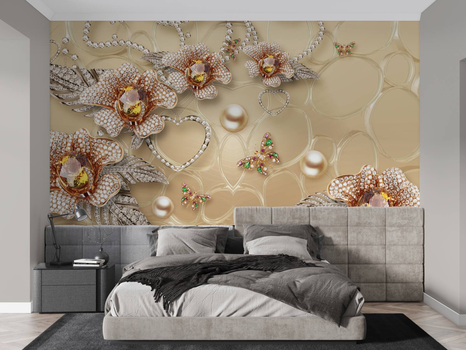 Fototapet flori de metal în alb cu perle