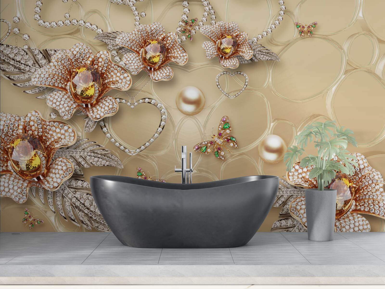 Fototapet flori de metal în alb cu perle