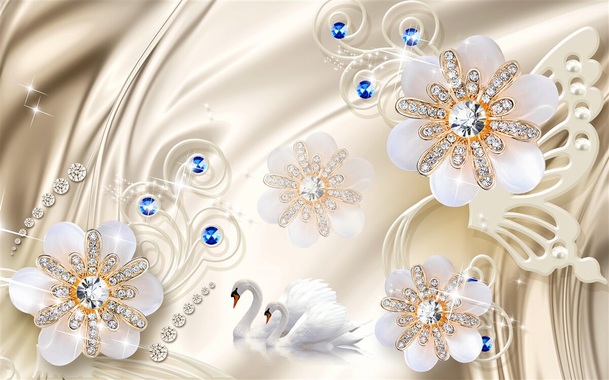 Fototapet bijuterii colorate și lebede alunecând prin apă