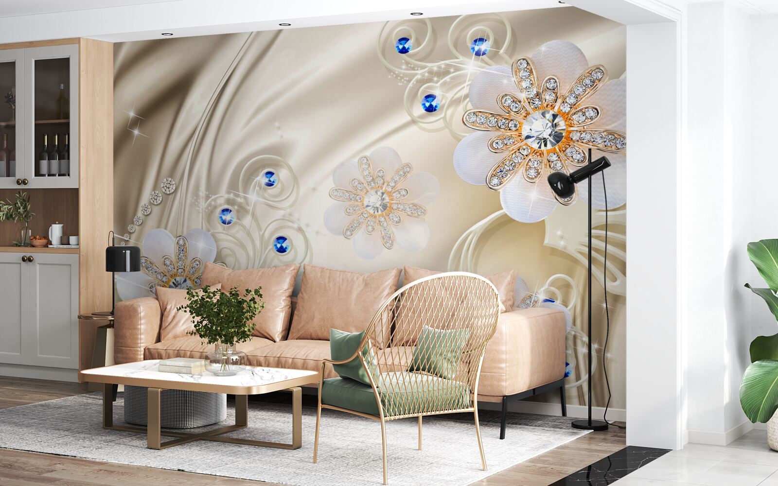 Fototapet bijuterii colorate și lebede alunecând prin apă