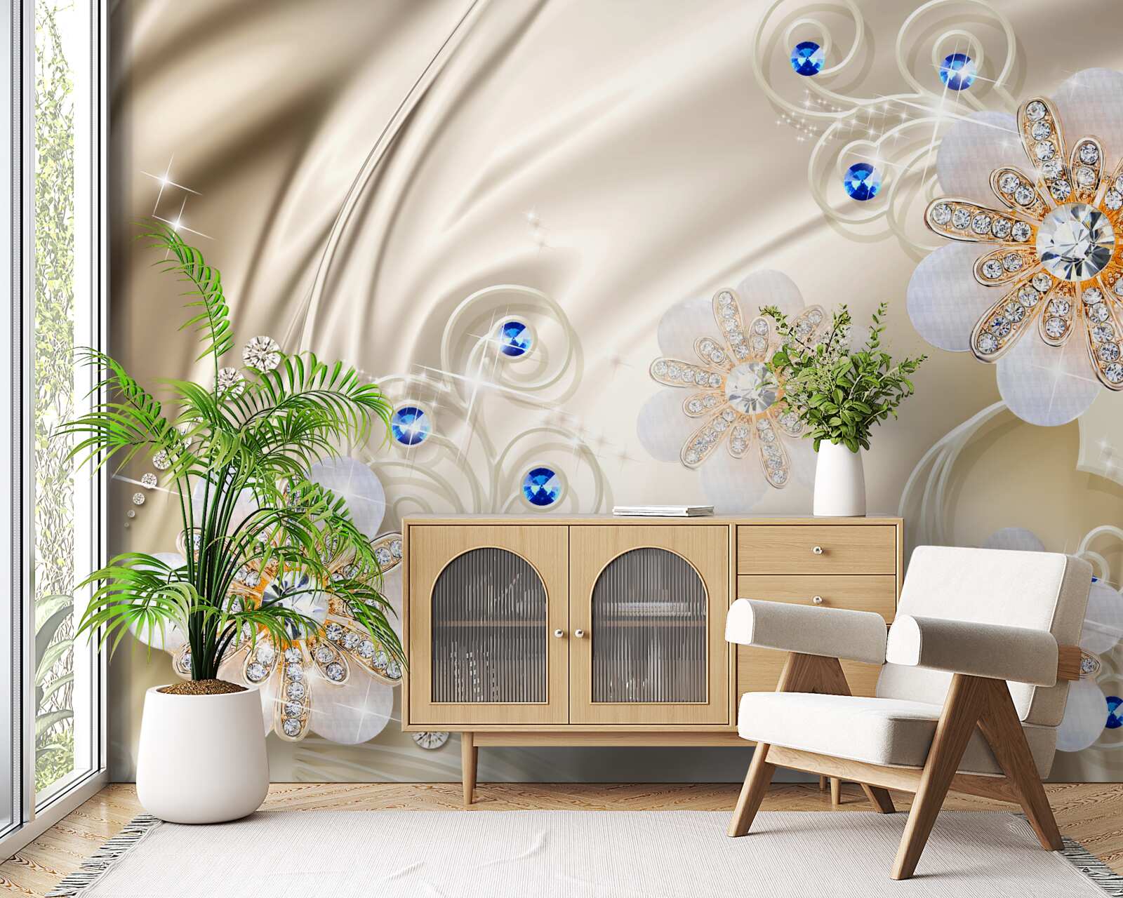 Fototapet bijuterii colorate și lebede alunecând prin apă