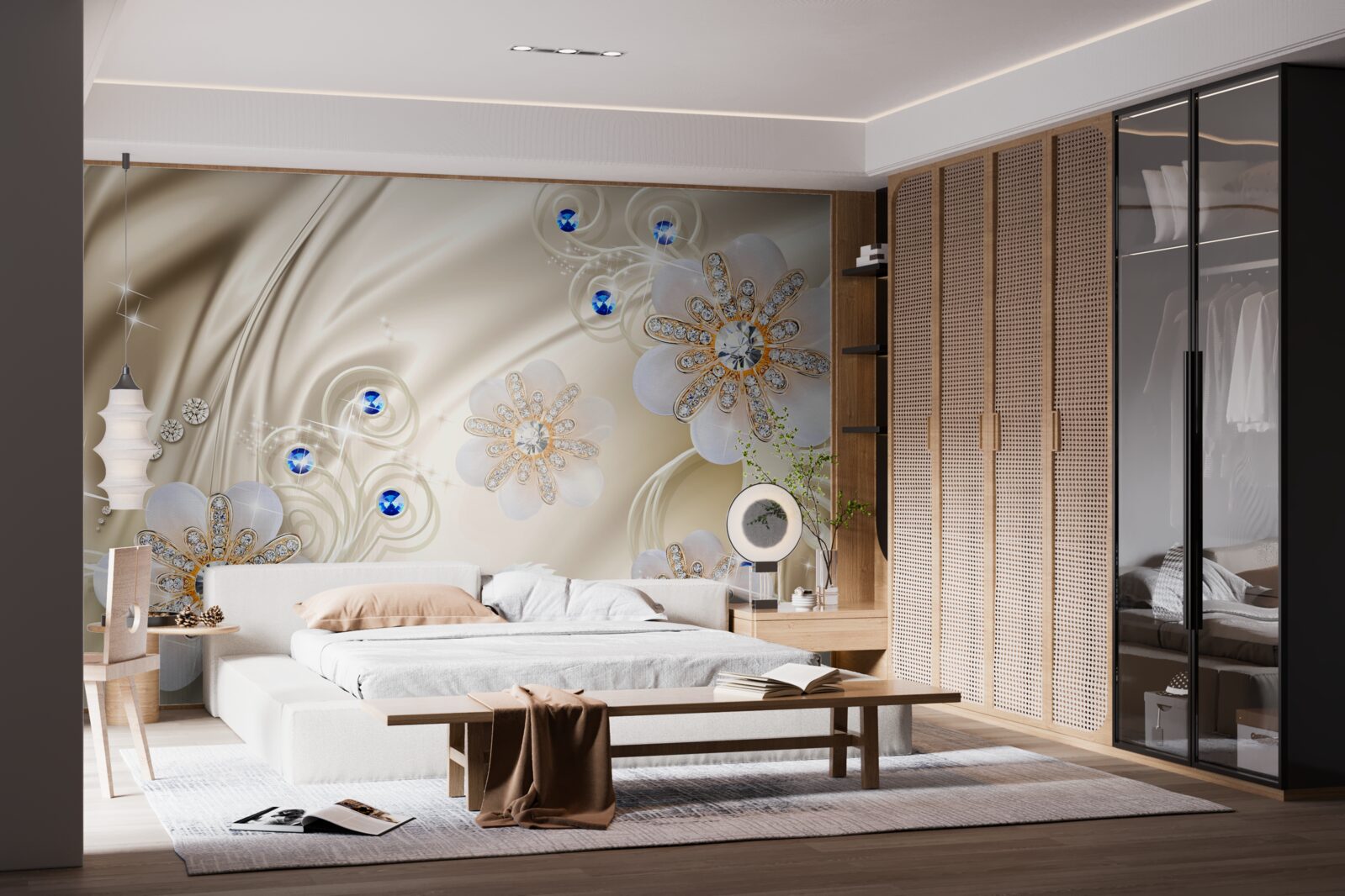 Fototapet bijuterii colorate și lebede alunecând prin apă