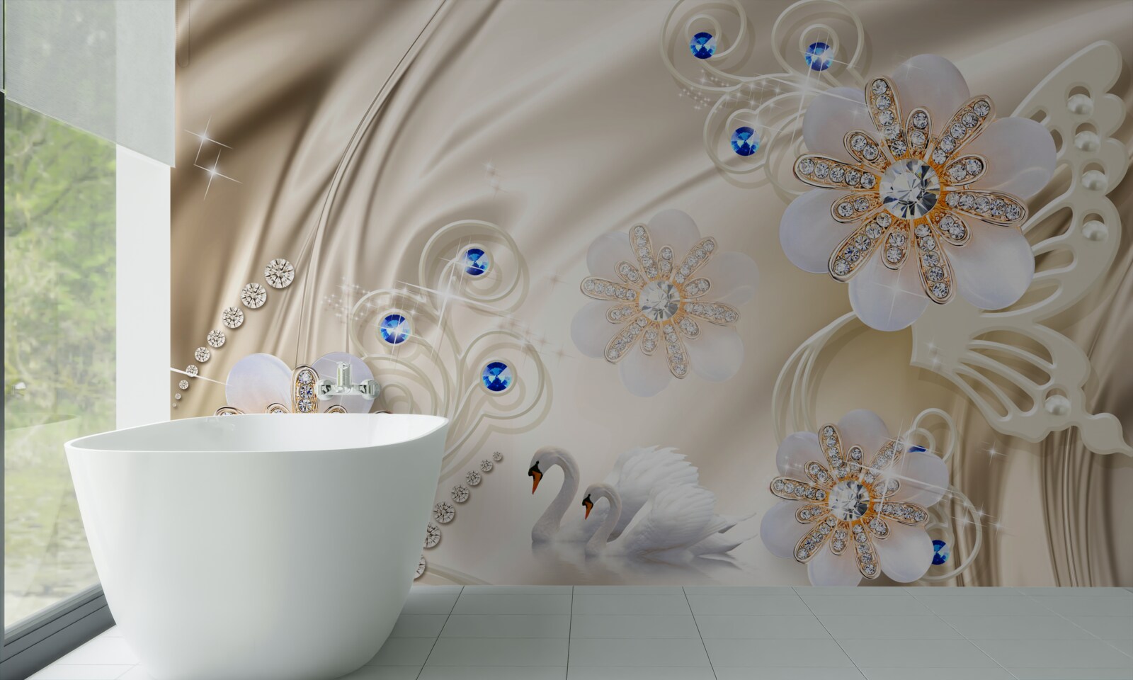 Fototapet bijuterii colorate și lebede alunecând prin apă