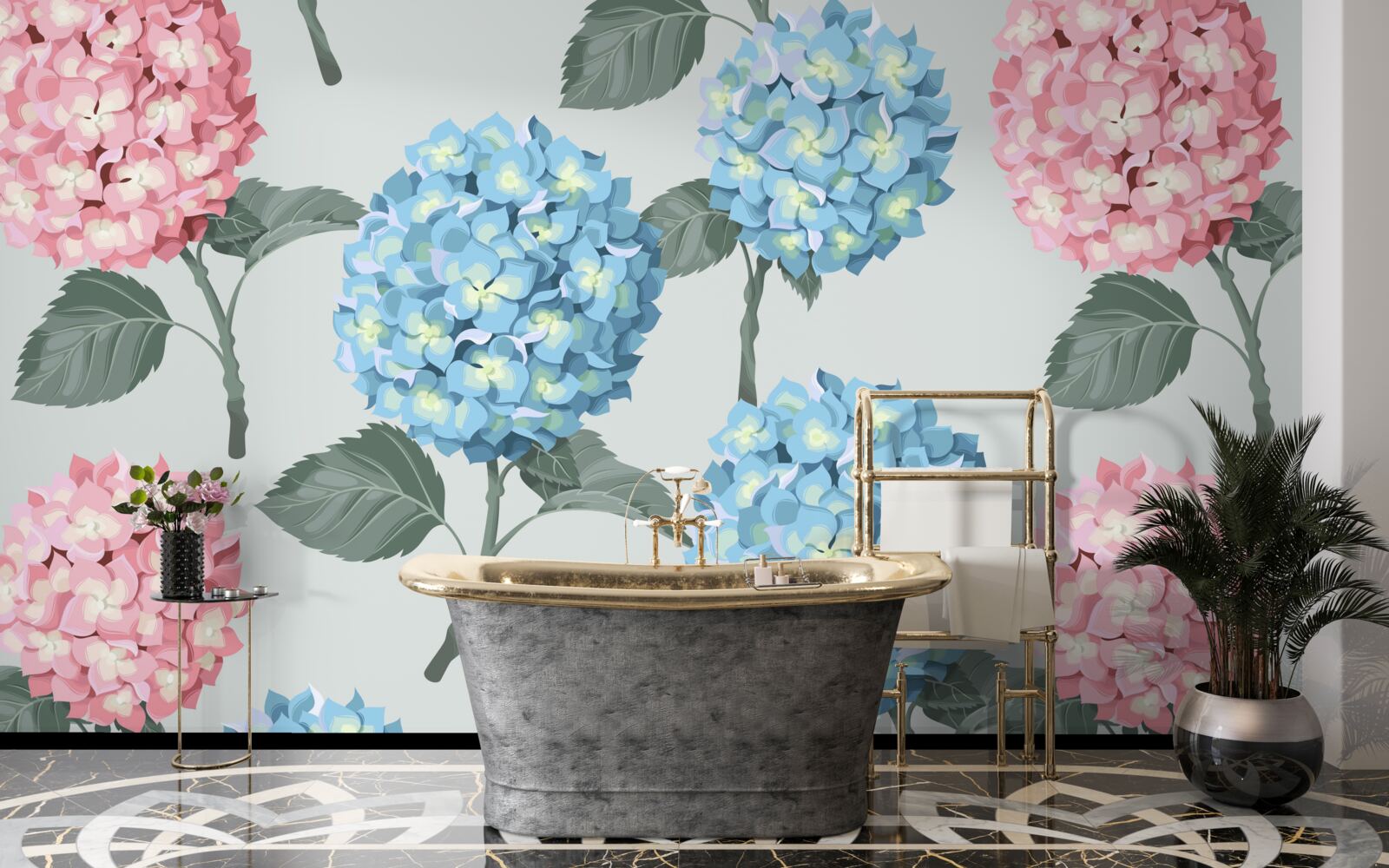 Fototapet hortensii roz și albastre