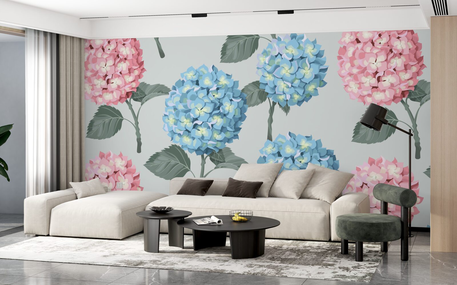 Fototapet hortensii roz și albastre