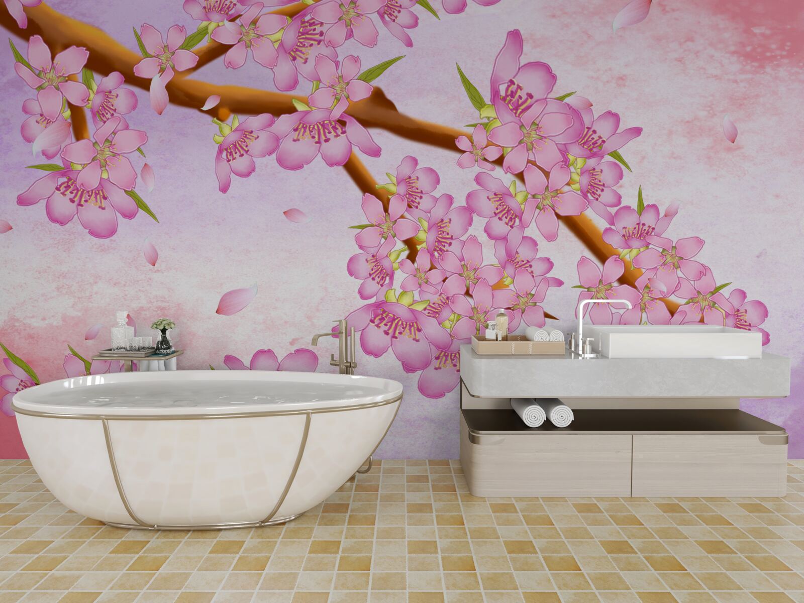 Fototapet frumoși muguri roz înfloresc pe ramuri