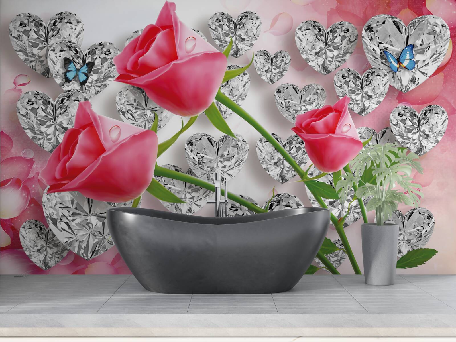 Fototapet diamante și trandafiri roșii