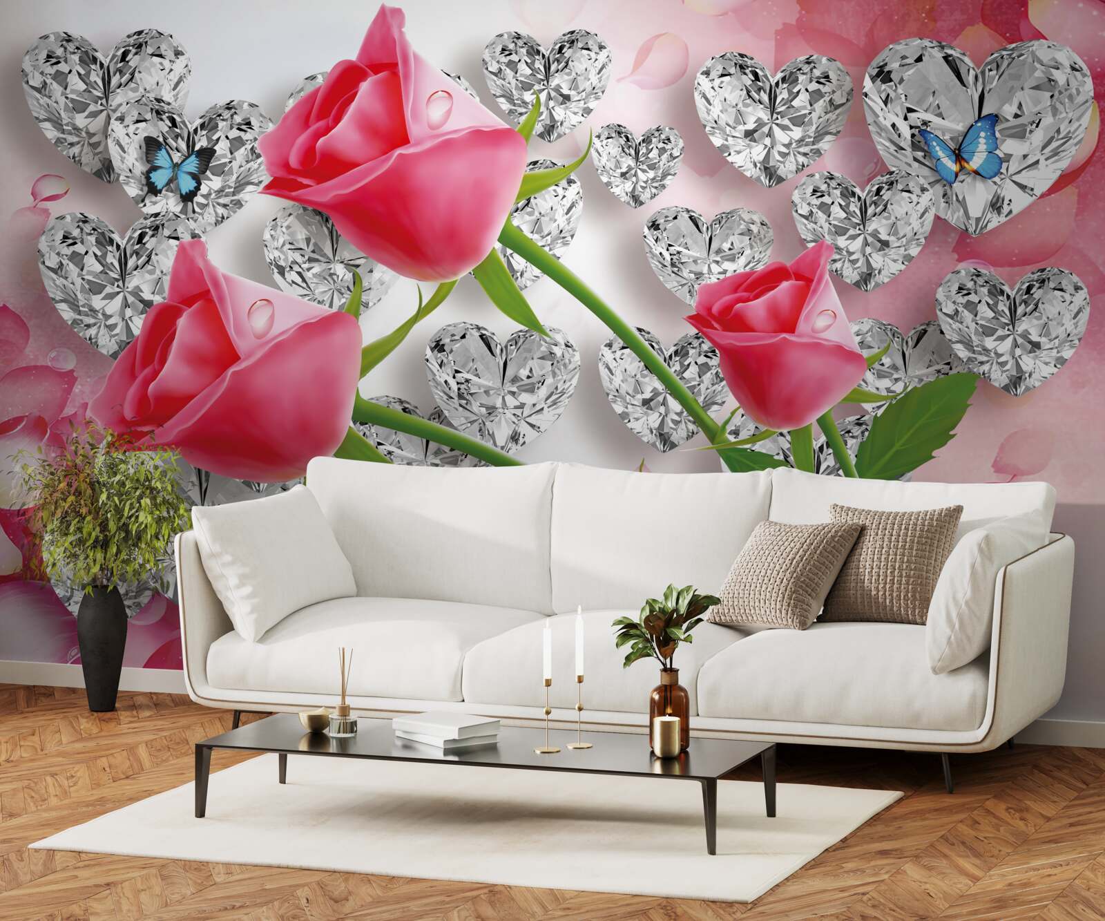 Fototapet diamante și trandafiri roșii