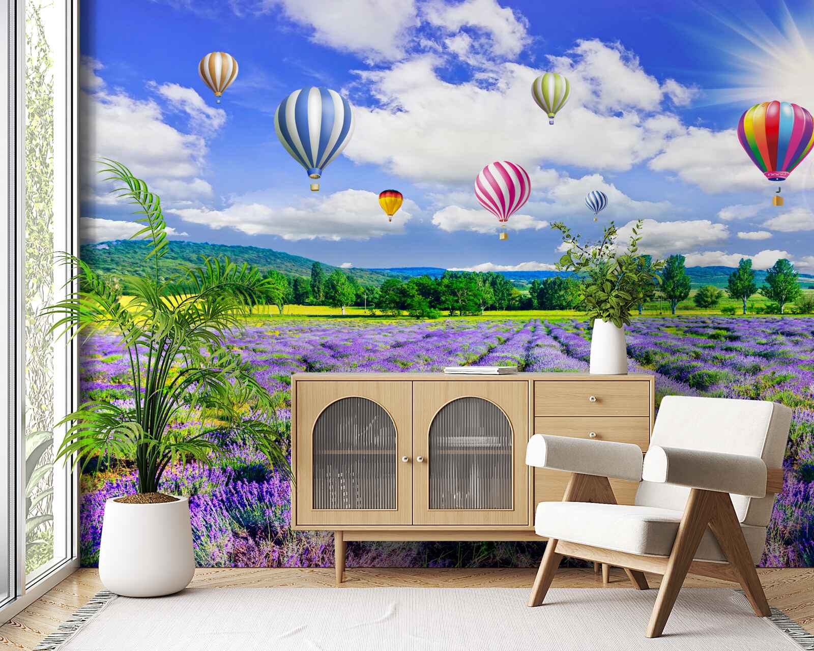 Fototapet zbor cu balonul deasupra unui câmp de lavandă