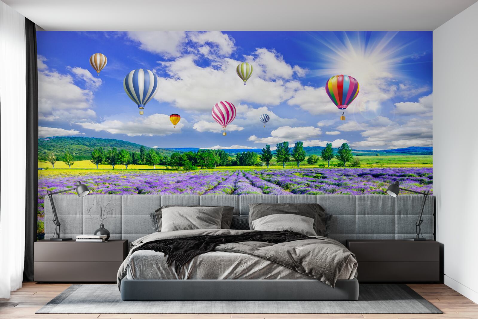Fototapet zbor cu balonul deasupra unui câmp de lavandă