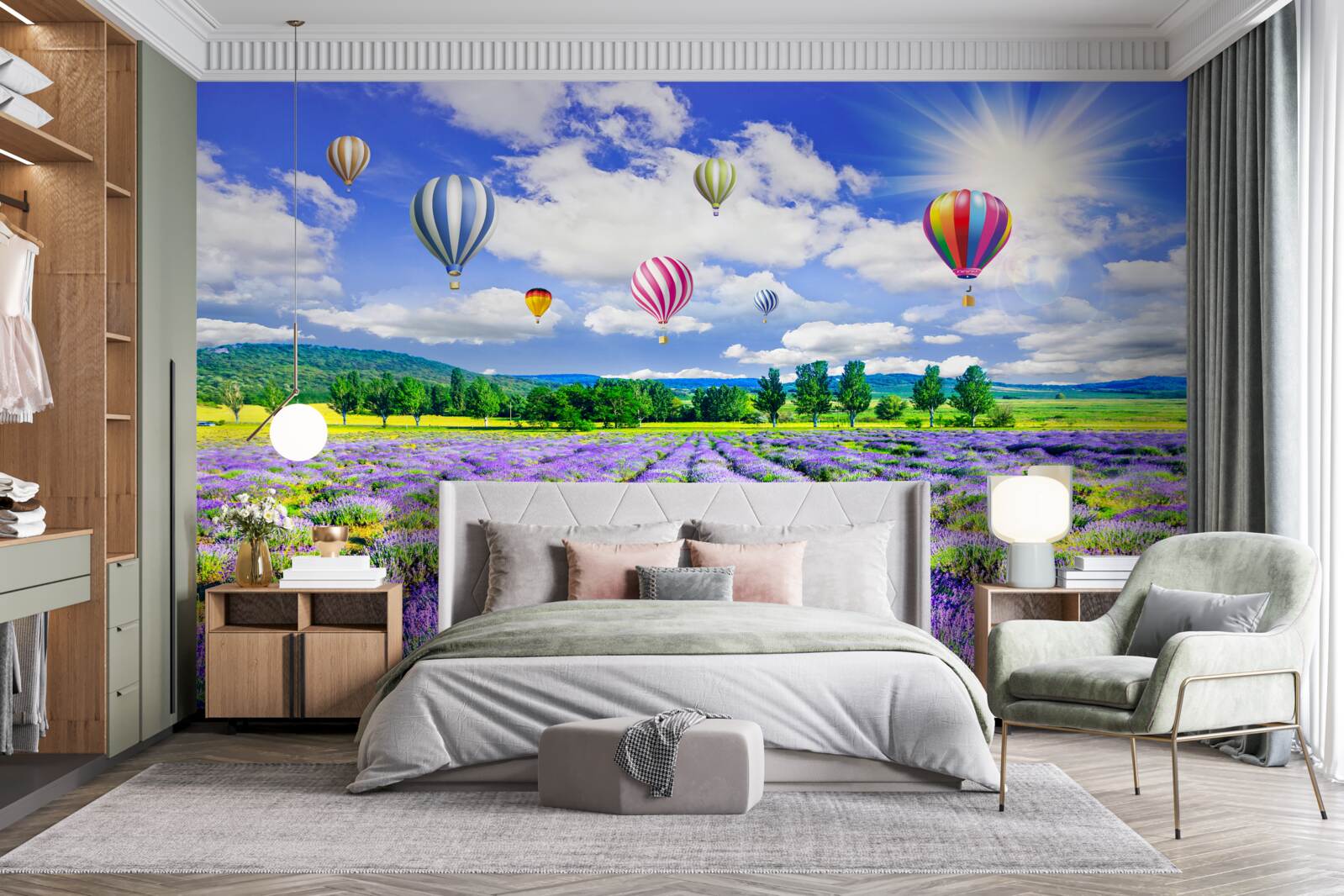 Fototapet zbor cu balonul deasupra unui câmp de lavandă