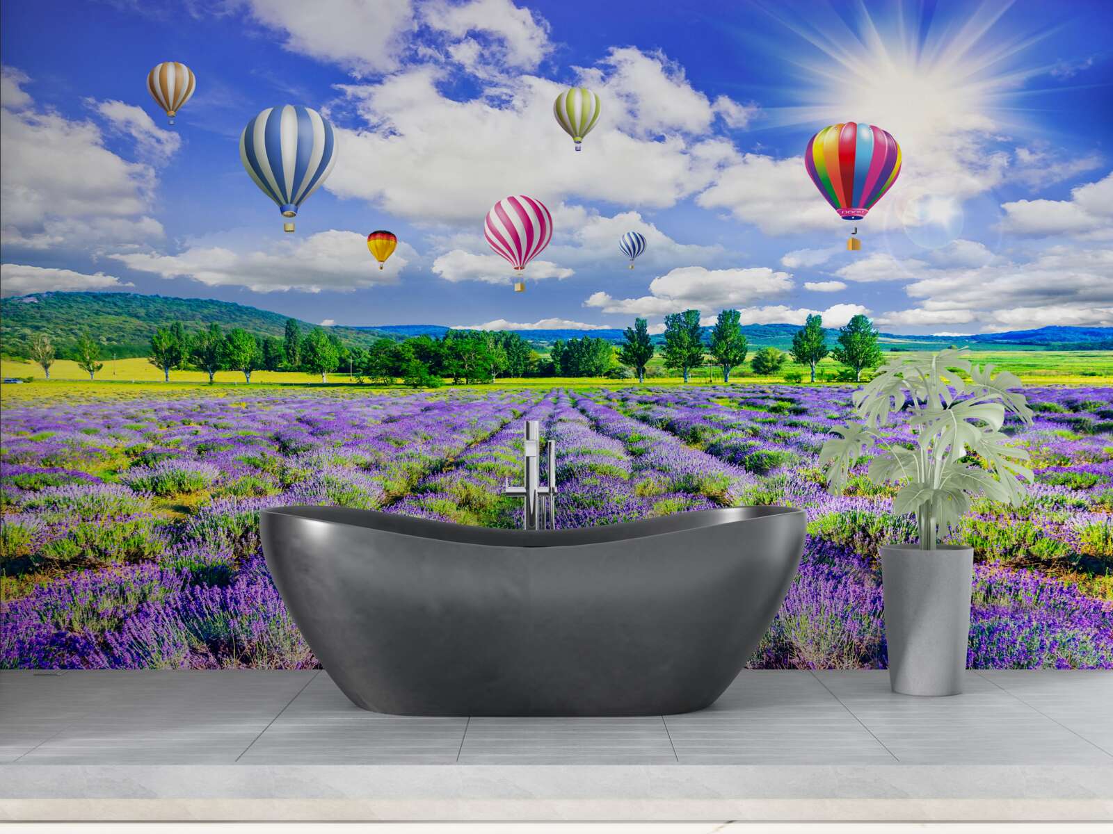 Fototapet zbor cu balonul deasupra unui câmp de lavandă