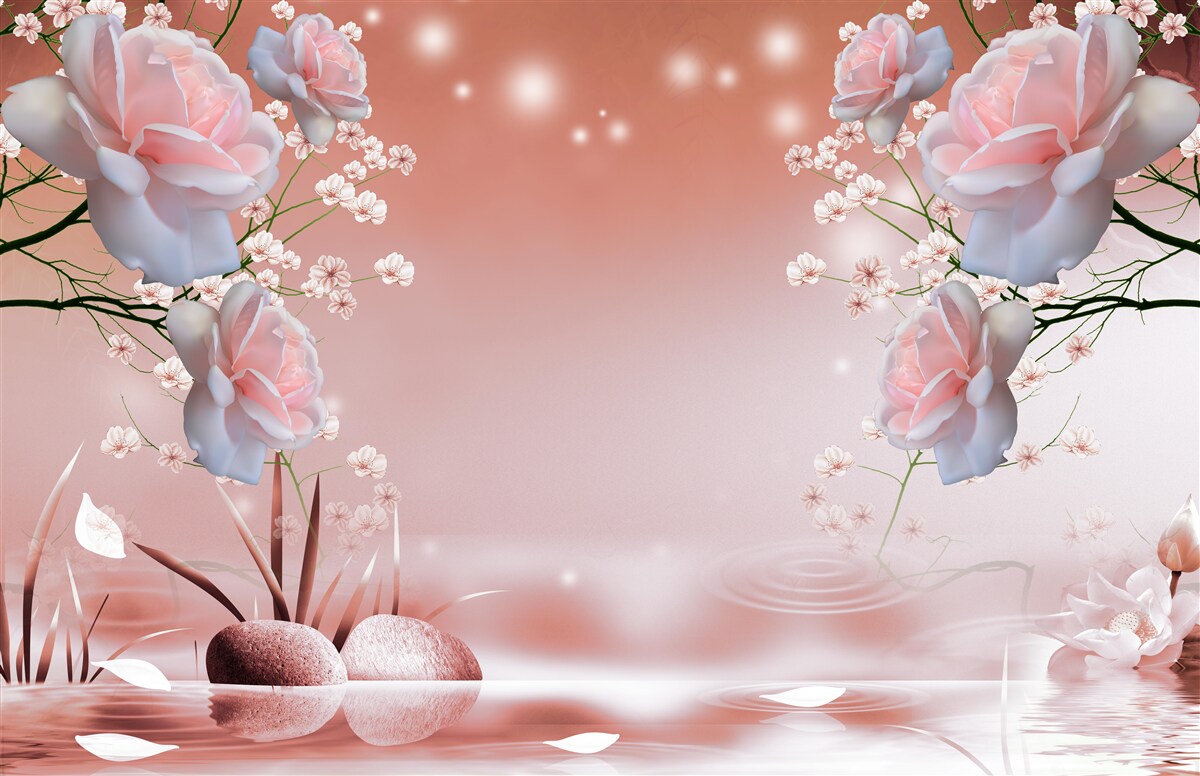 Fototapet flori pe malul apei, care își deschid mugurii