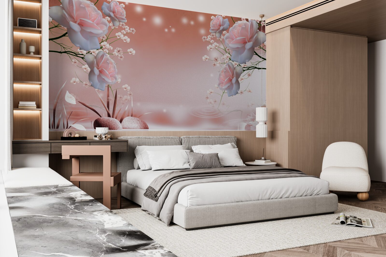 Fototapet flori pe malul apei, care își deschid mugurii