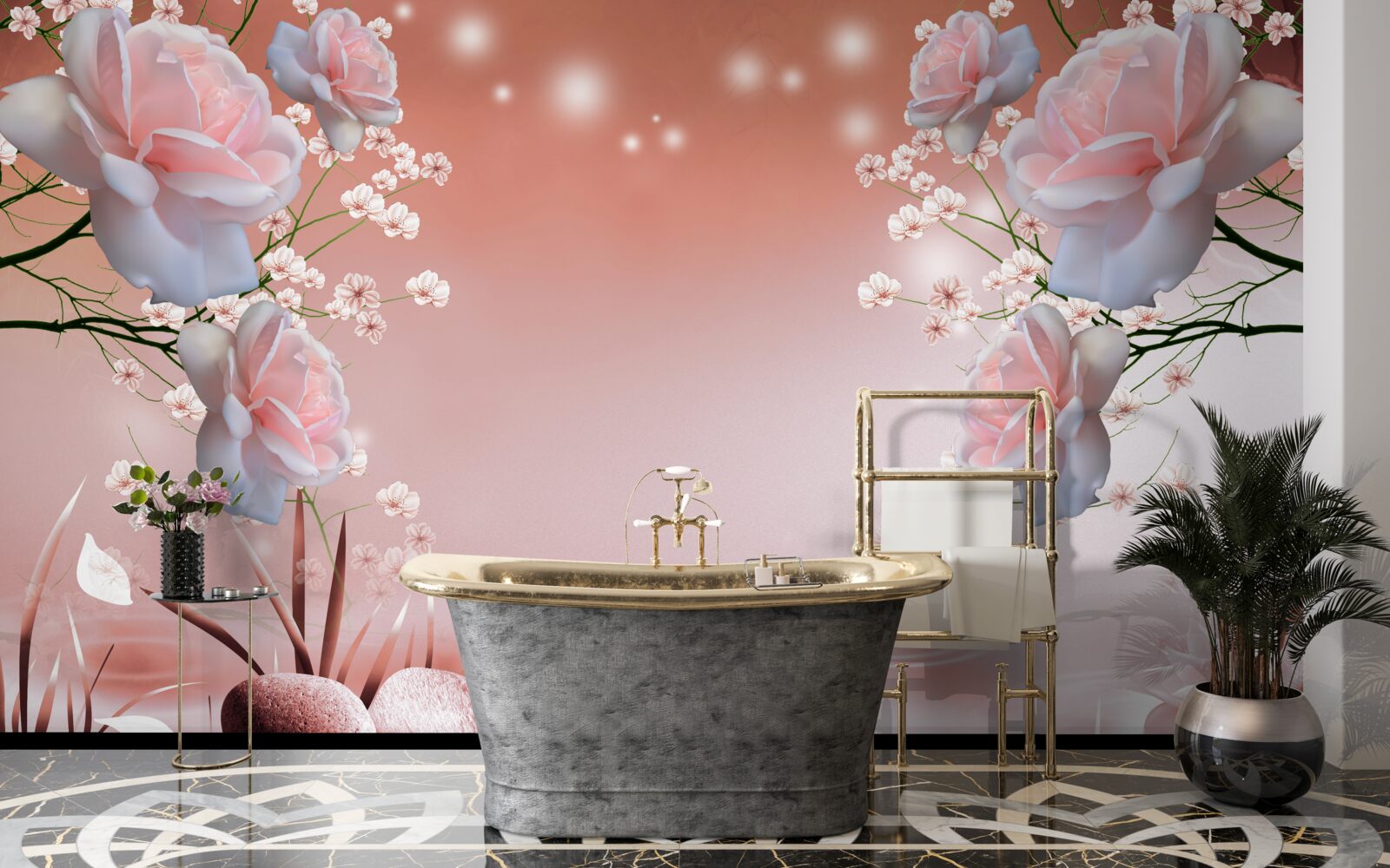 Fototapet flori pe malul apei, care își deschid mugurii