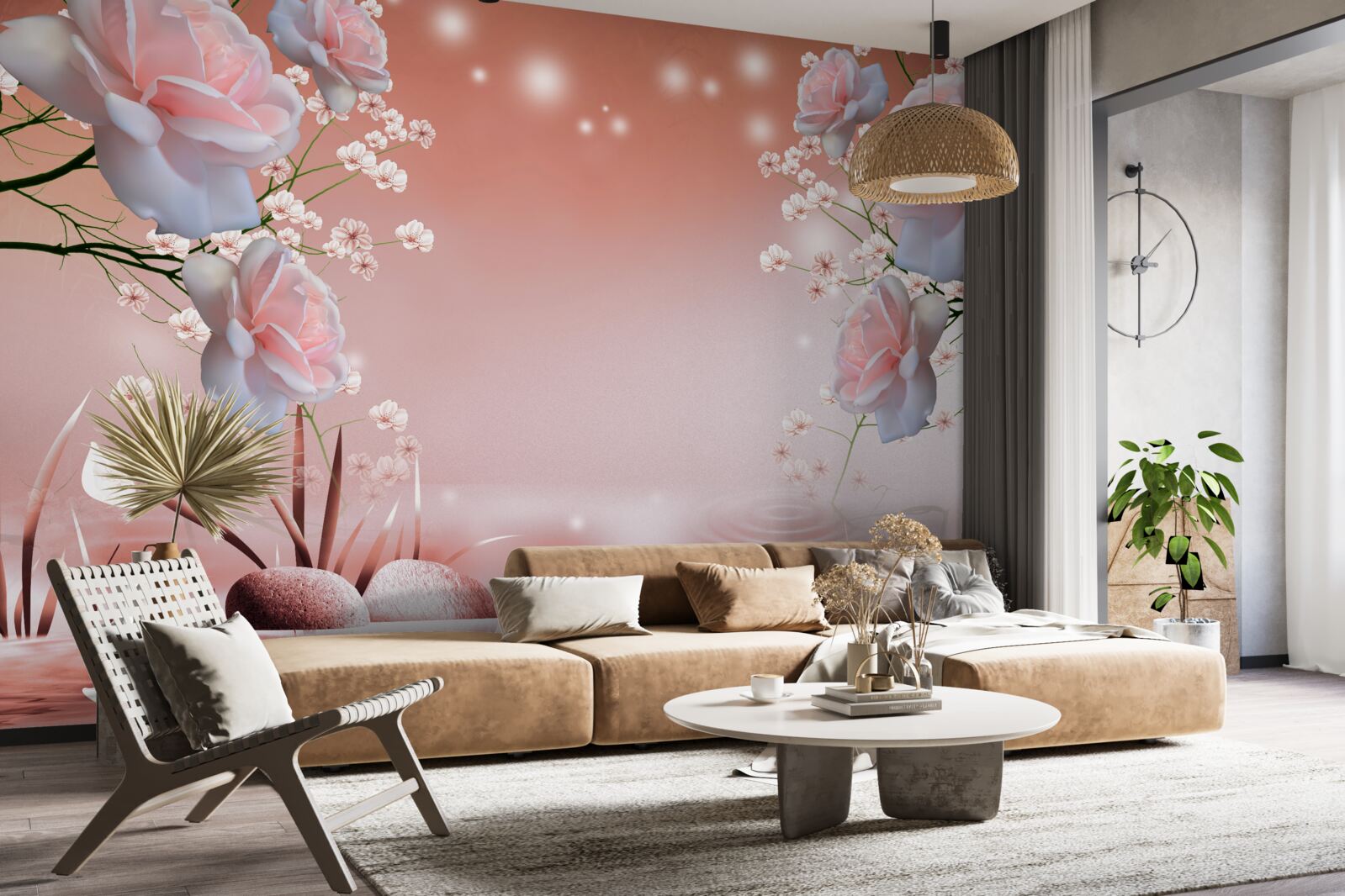 Fototapet flori pe malul apei, care își deschid mugurii