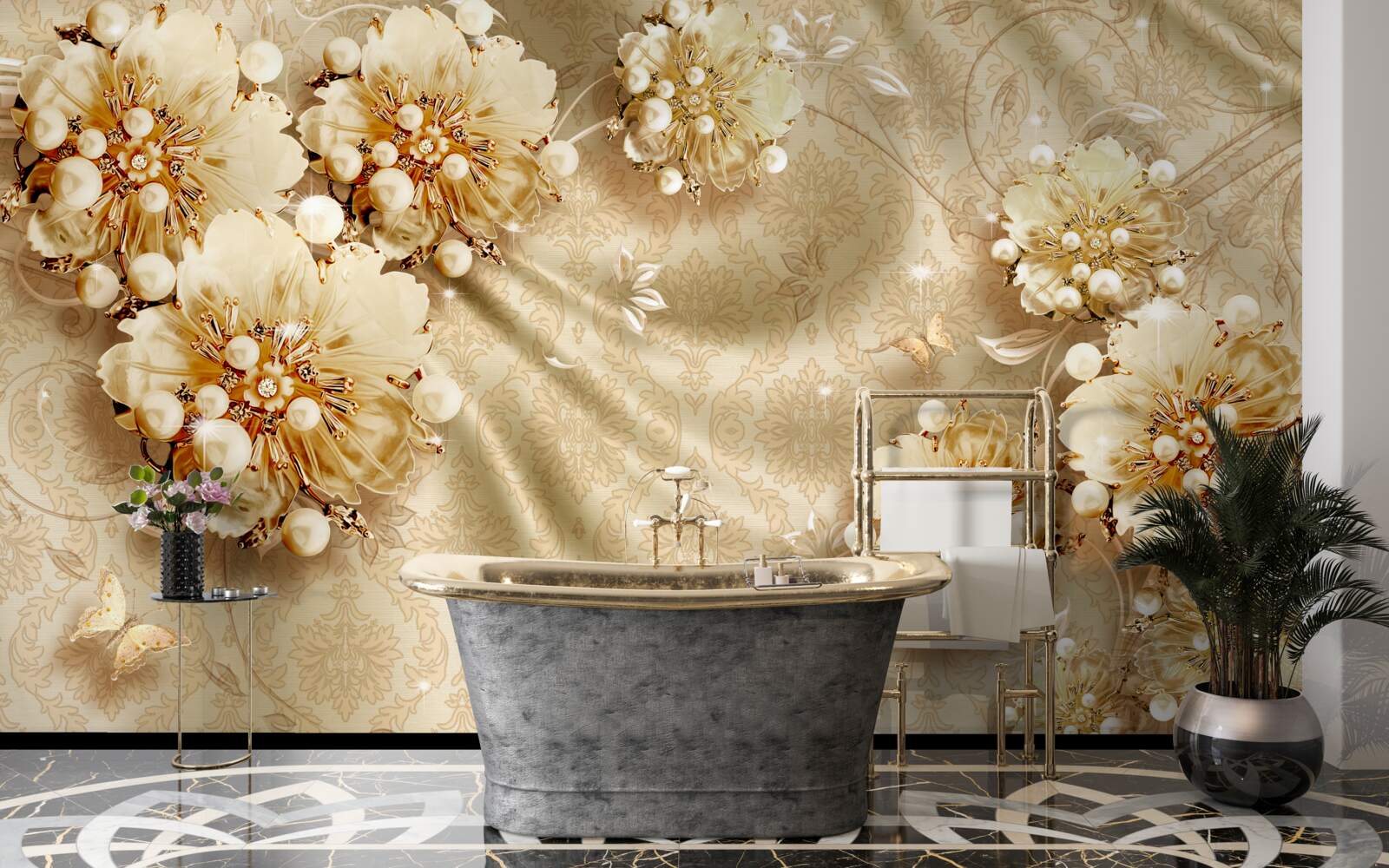 Fototapet nuanțe florale și de mătase dominate de tonuri de maro