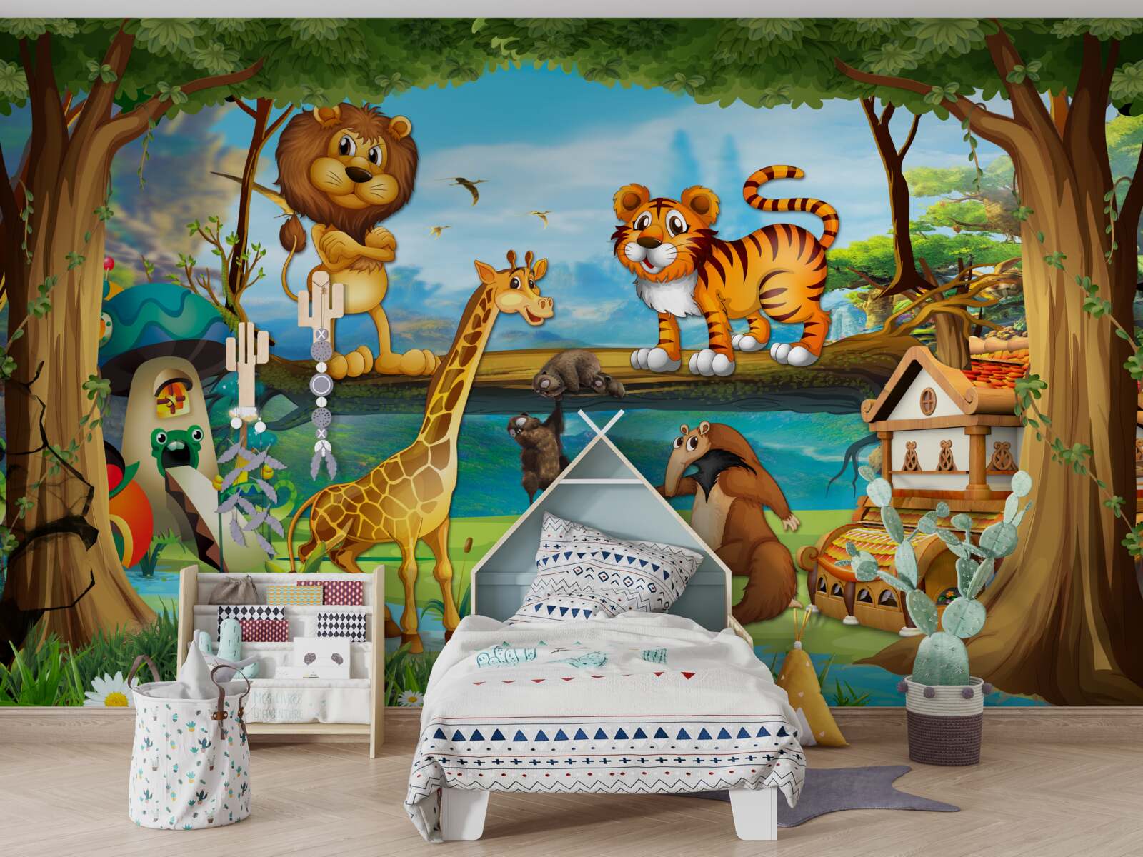 Fototapet animale lângă un iaz din pădure