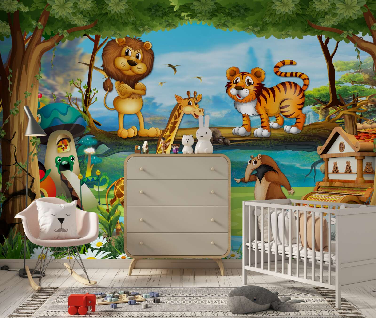 Fototapet animale lângă un iaz din pădure