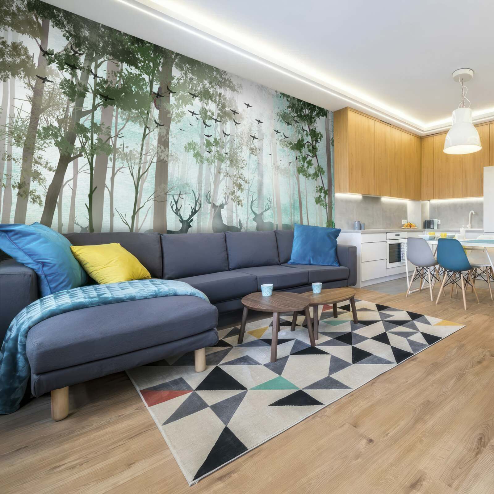 Fototapet un grup de căprioare întâmpină dimineața într-o pădure cețoasă