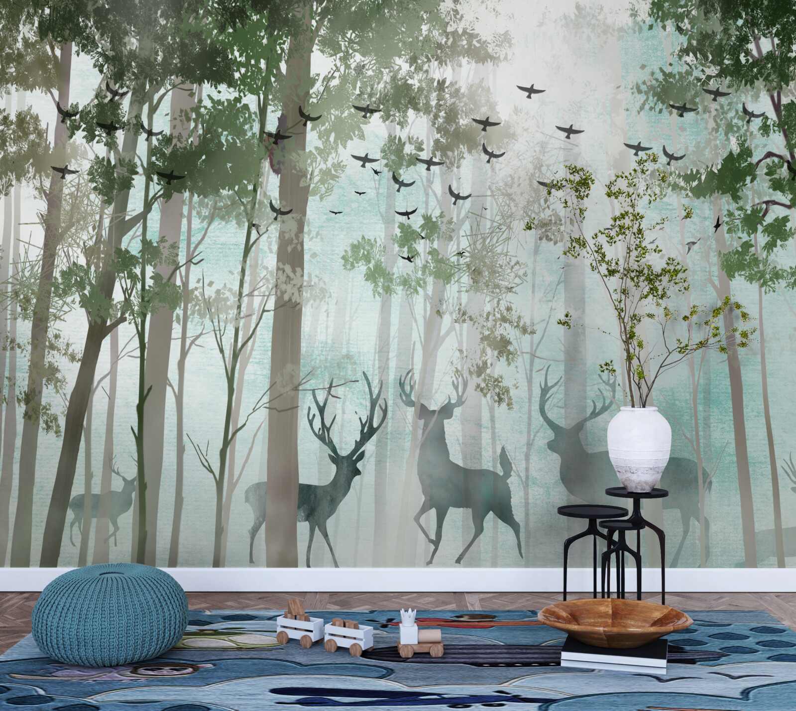 Fototapet un grup de căprioare întâmpină dimineața într-o pădure cețoasă