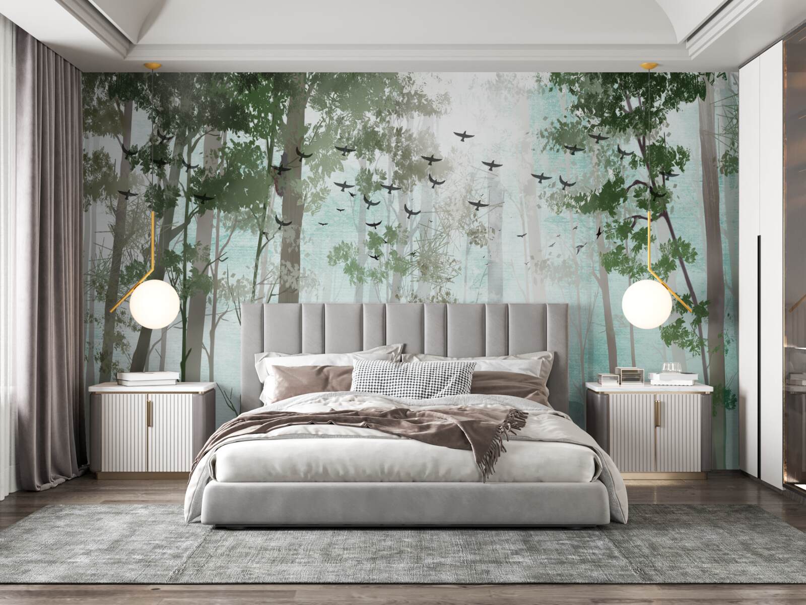 Fototapet un grup de căprioare întâmpină dimineața într-o pădure cețoasă