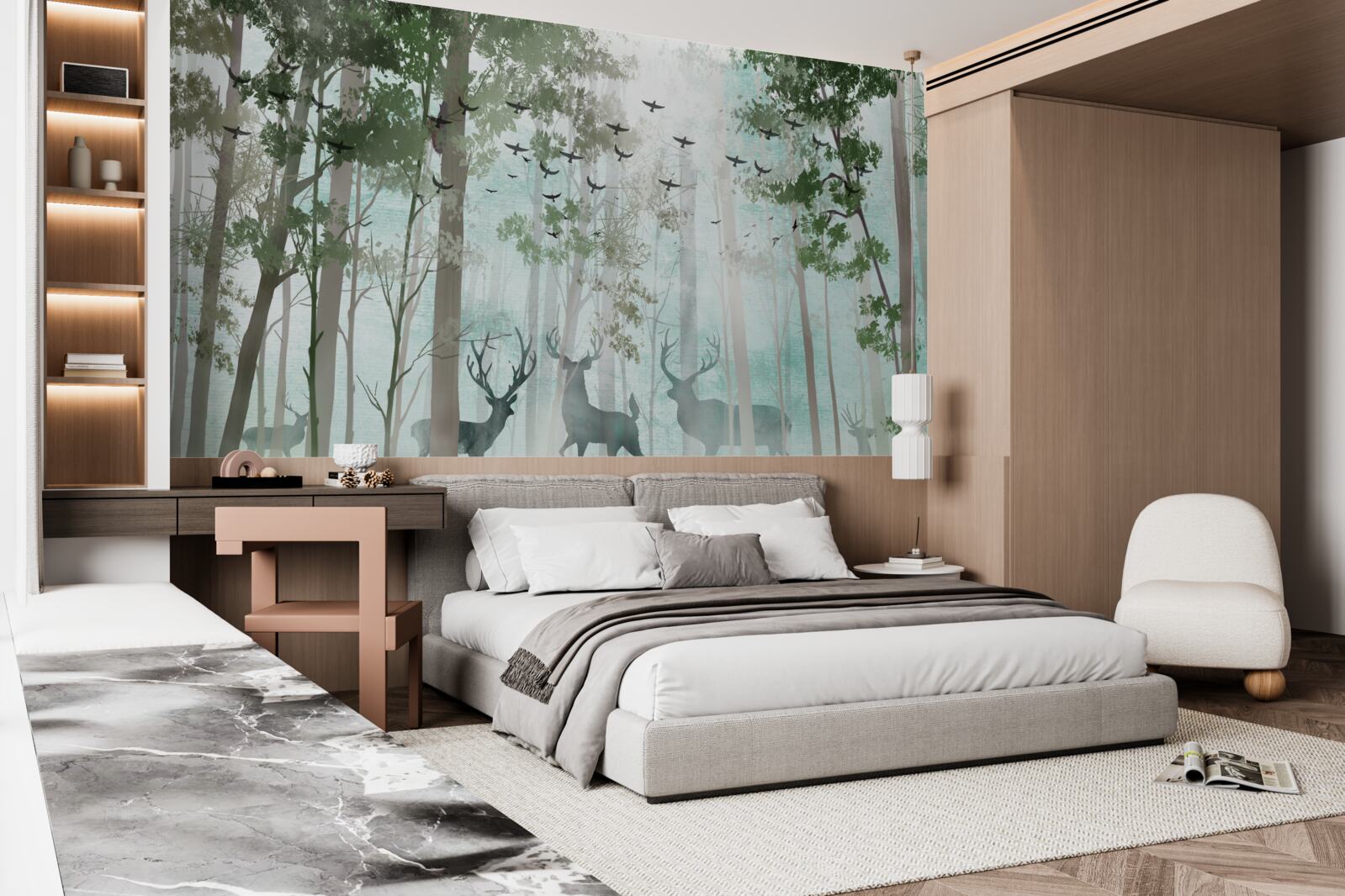 Fototapet un grup de căprioare întâmpină dimineața într-o pădure cețoasă