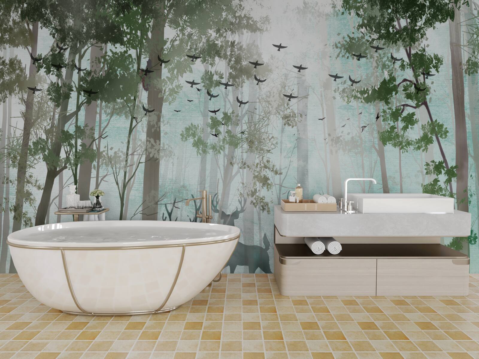 Fototapet un grup de căprioare întâmpină dimineața într-o pădure cețoasă